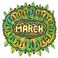 March - colorful illustration with month s name. Bright zendoodle mandala with months of the year. Year monthly calendar design