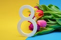 March 8, congratulations, international women's day. flowers on a colorful background, place for text. Suitable for