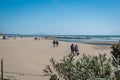Couples stroll along the beac in Nettuno, Italy on a hazy, sunny day