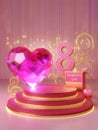 8 march crystal and a glittery heart womens's day pink podium, ai generated