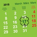 March 17 day of St. Patrick. Leaf clover calendar reminder