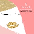 8 March Design card set with woman profile and golden lips.