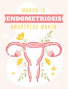 March is Endometriosis awareness month. Uterus on floral background. Vector illustration in flat cartoon style