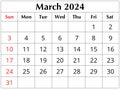 March 2024 ENGLISH month calendar. png transparent printable illustration. Monthly