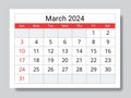 March 2024 ENGLISH month calendar. Vector printable illustration