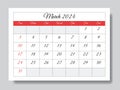 March 2024 ENGLISH month calendar. Vector printable illustration. Monthly planning