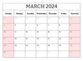 March 2024 ENGLISH month calendar. Vector printable illustration. Monthly planning for your events