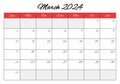 March 2024 ENGLISH month calendar. Vector printable illustration. Monthly planning for your events