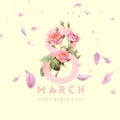 8 march Pink flowers petal on pastel green yellow light color with 8 March women day element greetings card banner template co