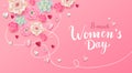8 march floral banner design with blooming flowers and paper hearts on pink background. Women`s Day calligraphic quotation. - Royalty Free Stock Photo