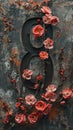 8 march floral grunge background, woman day phone wallpaper with number eight and red flowers on textured concrete Royalty Free Stock Photo