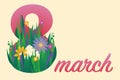 8 March. Floral pink number 8 with fresh spring flowers and march lettering on pastel background. Happy women`s day. Modern hand Royalty Free Stock Photo