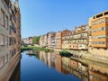 Hanging houses of Onyar, Girona. Panoramic view of the river and old town of the Catalan city of