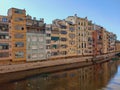 Hanging houses of Onyar, Girona. Panoramic view of the river and old town of the Catalan city of