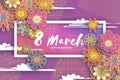 8 March. Gold Purple Happy Women`s Day. Mother`s Day. Paper cut Floral Greeting card. Origami flower. Text. Rectangle