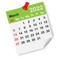 March green calendar page. Red drawing pin. 2022 year. Organizing concept. Wall list. Vector illustration. Stock image. Royalty Free Stock Photo