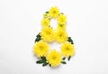 8 March greeting card design with chrysanthemum flowers on white background, top view. International Women`s day Royalty Free Stock Photo