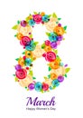 8 March greeting card. Flyer or banner background for International Women's Day.