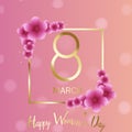 8 March greeting card with gold square frame and flowers. Vector Royalty Free Stock Photo