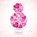 8 March greeting card, International Women`s Day. Number eight with 3d pink heart diamonds, gems, jewels. Royalty Free Stock Photo