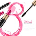 8 March greeting card, International Women`s Day. Pink lipstick, mascara, pencil and watercolor number eight. Royalty Free Stock Photo