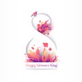 8 March greeting card with multi layered effect. Floral composition with flowers, bouquet and bird nightingale. Bright