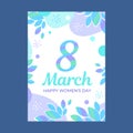 8 March Greeting card with plants, leaves, flowers and lettering design. International Women s Day, Happy Mother`s Day with numbe Royalty Free Stock Photo