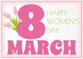 March 8 greeting card with realistic delicate pink tulips. Vector of invitation, poster card for women s day.