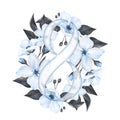 8 March greeting card template with number eight, blue flowers and leaves. Happy International Women's Day.