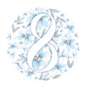 8 March greeting card template with number eight, blue flowers and leaves. Happy International Women's Day.