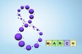 8 March greeting postcard scientific theme, chemistry. Decorative flying balls molecules, elements periodic table.