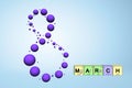 8 March greeting postcard scientific theme, chemistry. Decorative flying balls molecules, elements periodic table. Royalty Free Stock Photo