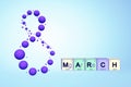 8 March greeting postcard scientific theme, chemistry. Decorative flying balls molecules, elements periodic table, 3d rendering. Royalty Free Stock Photo