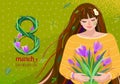 8 march greeting vector background. Happy womens day celebration card design with cute beautiful girl hold crocus Royalty Free Stock Photo