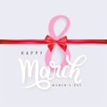 8 March. Happy International Women`s Day. Decoration red bow with horizontal ribbon on white background. Ideal for social media, Royalty Free Stock Photo