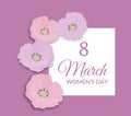 8 March Happy international womens day Greeting Card design. Pink text on white frame and lilac pink background with
