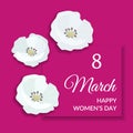 8 March Happy international womens day Greeting Card design. White text on bright pink frame and pink background with