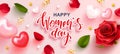 8 March Happy Women`s Day banner. Beautiful Background with rose, petals, hearts and Golden serpentine. Vector Royalty Free Stock Photo