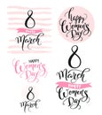 8 March. Happy Women`s Day. Collection of beautiful handwritten words and hand drawn elements in pink color. Vector
