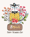 8 march. Happy Women`s Day. Colorful greeting background with cute cat in flowers. Spring holiday. Sketch of animal Royalty Free Stock Photo