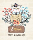 8 march. Happy Women`s Day. Colorful greeting background with cute cat in flowers. Spring holiday. Sketch of animal Royalty Free Stock Photo