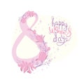 8 March. Happy Women`s Day. The figure eight braided flowers. Spring holiday. Card design with hand drawn floral ornament. Royalty Free Stock Photo