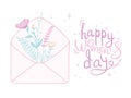 8 March. Happy Women`s Day. The figure eight braided flowers. Spring holiday. Card design with hand drawn floral ornament. Royalty Free Stock Photo