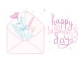 8 March. Happy Women\'s Day. The figure eight braided flowers. Spring holiday. Card design with hand drawn floral ornament. Royalty Free Stock Photo
