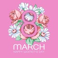 8 March. Happy women`s day greeting card, floral banner, holiday vector background. Pink 8 on a hand drawn floral Royalty Free Stock Photo