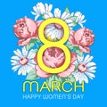 8 March, happy women`s day greeting card, floral banner, holiday vector background. Yellow 8 on a hand drawn floral Royalty Free Stock Photo