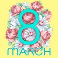 8 March. Happy women`s day greeting card, holiday vector floral banner. Azure 8 on a hand drawn floral ornament from flowers of r Royalty Free Stock Photo