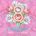 8 March. Happy women`s day greeting card, holiday vector floral banner. Yellow 8 on a hand drawn floral ornament from Royalty Free Stock Photo