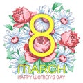 8 March, happy women`s day greeting card, holiday vector floral banner. Yellow 8 on a hand drawn floral ornament from flower of r Royalty Free Stock Photo