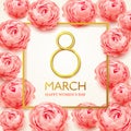 8 march. Happy Women's Day greeting card with realistic pink peonies flowers. Postcard on March 8. Vector illustration. Royalty Free Stock Photo